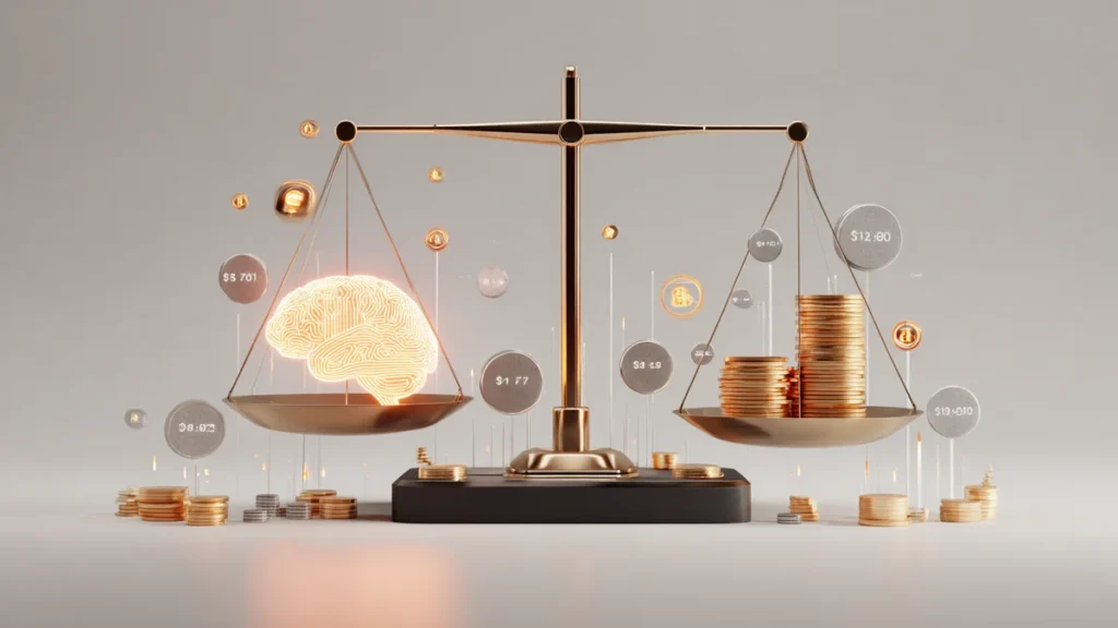 Stylized illustration of a balanced scale with a glowing AI brain on one side and stacked coins on the other, surrounded by f