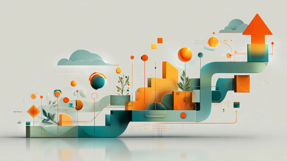 Stylized illustration of workflow automation nodes flowing through a pipeline that transforms into upward-pointing revenue gr