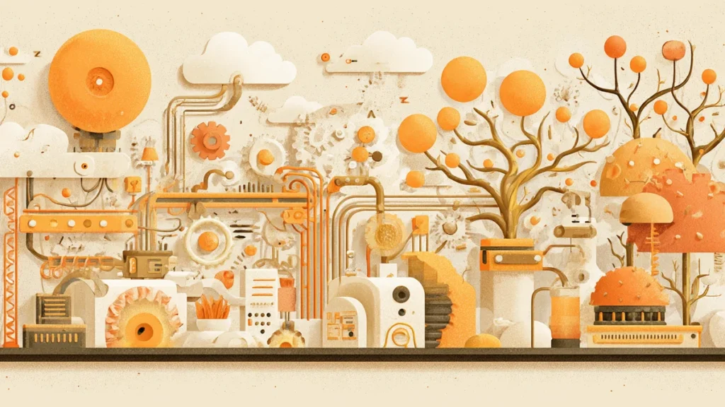 Split-frame illustration contrasting mechanical gears and circuit paths on the left with organic neural networks on the right