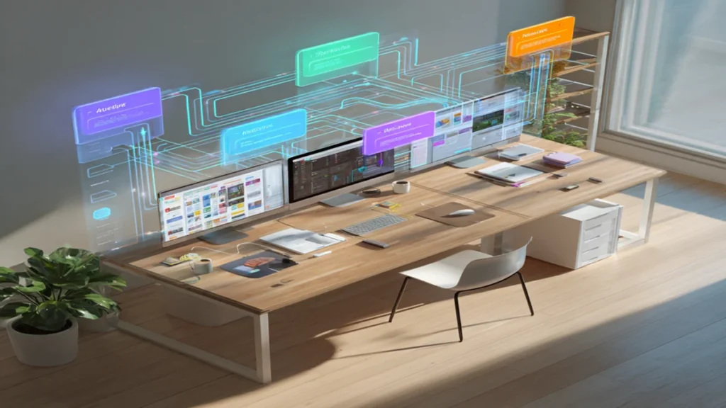 Four holographic workflow automation tool interfaces floating above a minimalist desk, each displaying connected nodes in dis