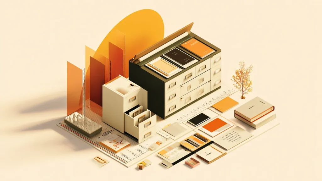 Isometric illustration of brand identity components including logos, color swatches, and typography being organized into a la