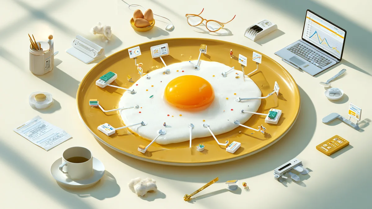 Stylized illustration of a breakfast plate with a glowing egg yolk resembling an AI brain, tiny robotic arms extending to bus