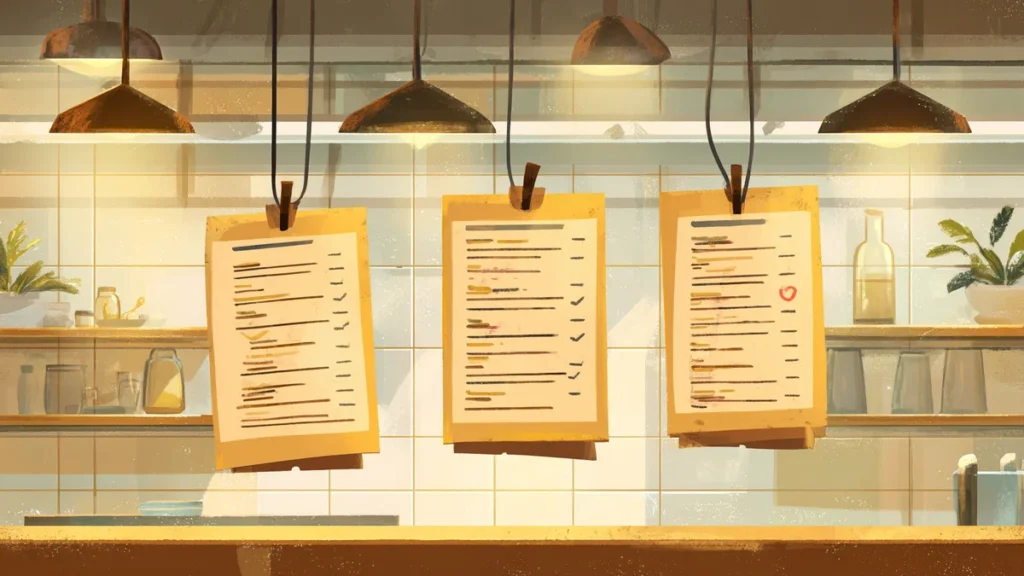 Restaurant kitchen counter with three order tickets clipped to a wire under warm golden lighting, representing automated kitc