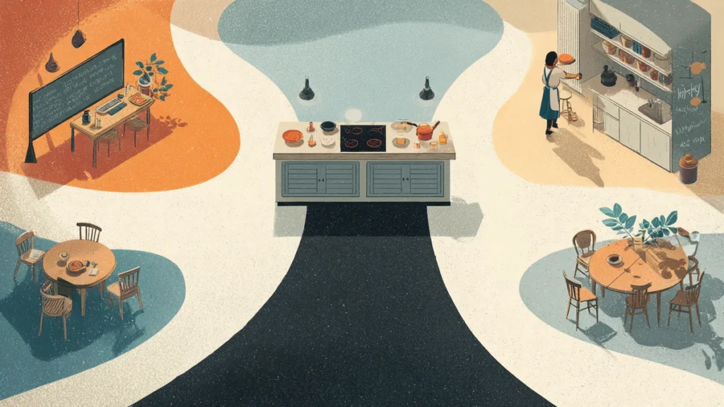 Stylized illustration of a kitchen griddle with three paths branching outward toward a classroom, community table, and helper