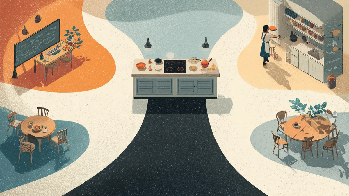 Stylized illustration of a kitchen griddle with three paths branching outward toward a classroom, community table, and helper