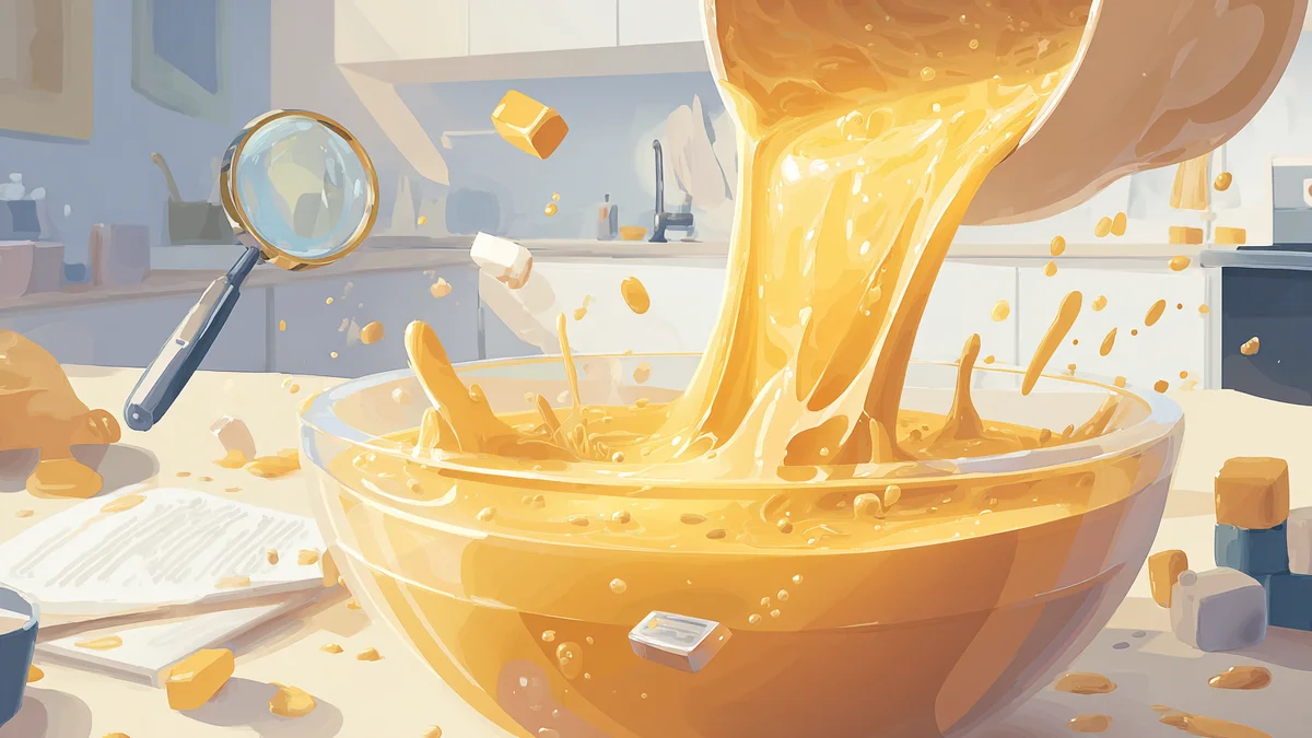 Stylized illustration of golden batter pouring into a mixing bowl with a magnifying glass, paintbrush, and memory chip suspen