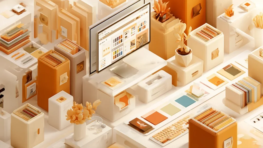 Isometric illustration of a creative studio workspace with design assets organized into labeled containers, color swatches, a