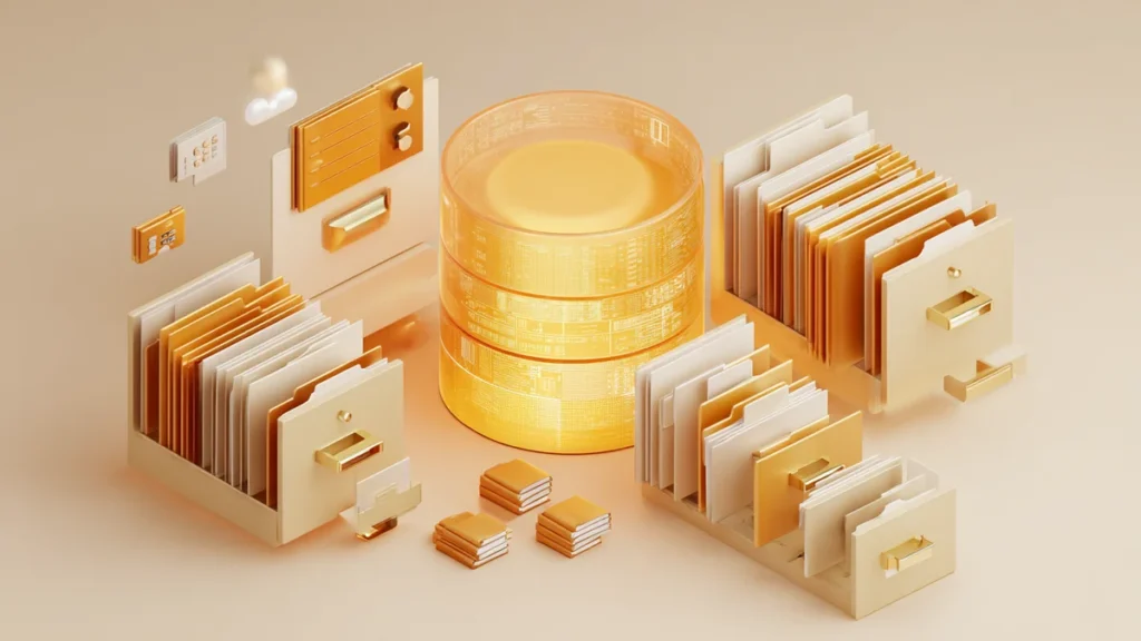 Isometric illustration of a glowing database cylinder connected to organized file folders and digital assets with open card c