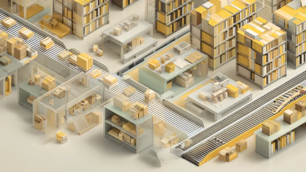 Isometric illustration showing four lanes of warehouse organization: cluttered unlabeled boxes, blueprints and planning tools