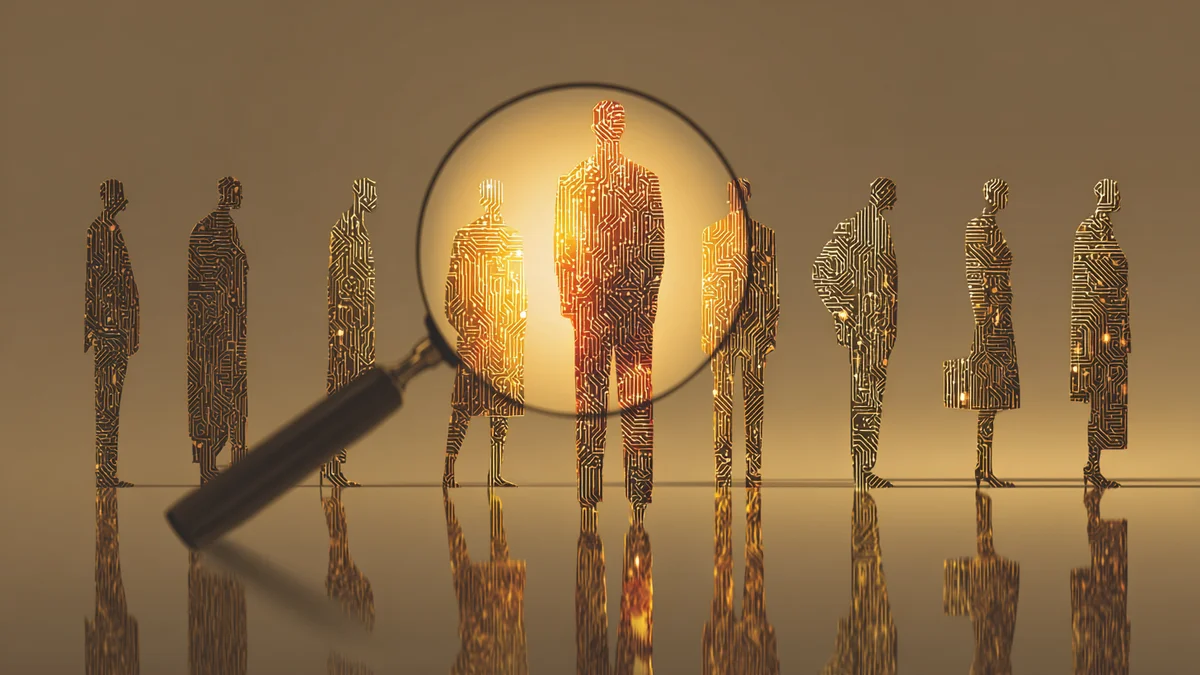 Magnifying glass examining a row of professional silhouettes with one figure highlighted by glowing AI circuit patterns, symb