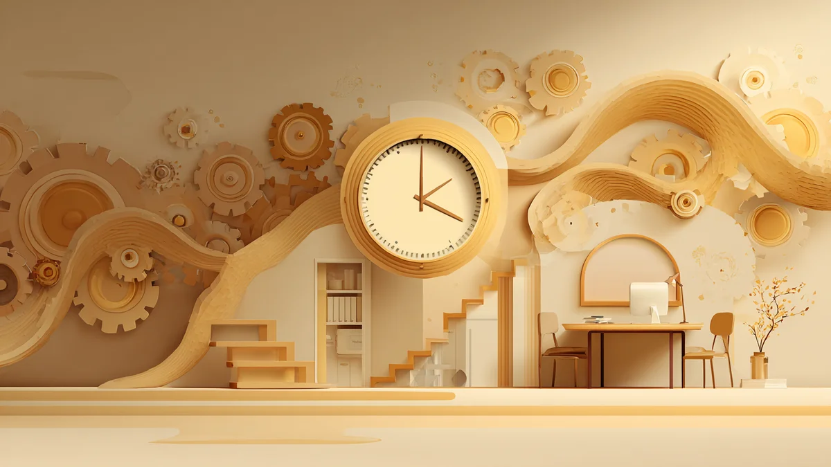 Stylized illustration of a workspace with a clock displaying saved time, surrounded by flowing workflow ribbons and seamlessl