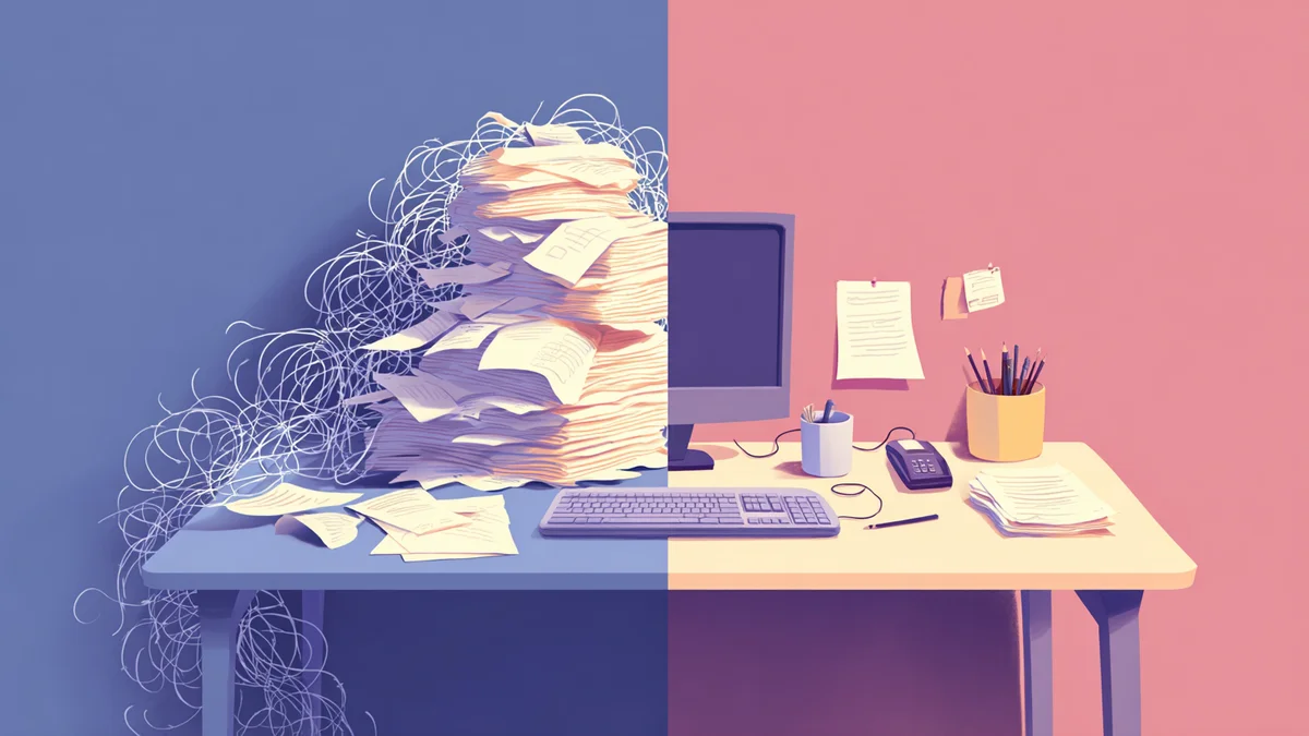 Split-screen illustration contrasting a chaotic desk piled with papers against an organized, streamlined workflow system.
