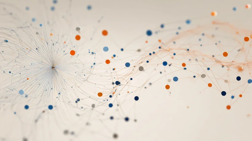 Stylized illustration of interconnected nodes and data pathways forming a network hub with radiating connections in blue and