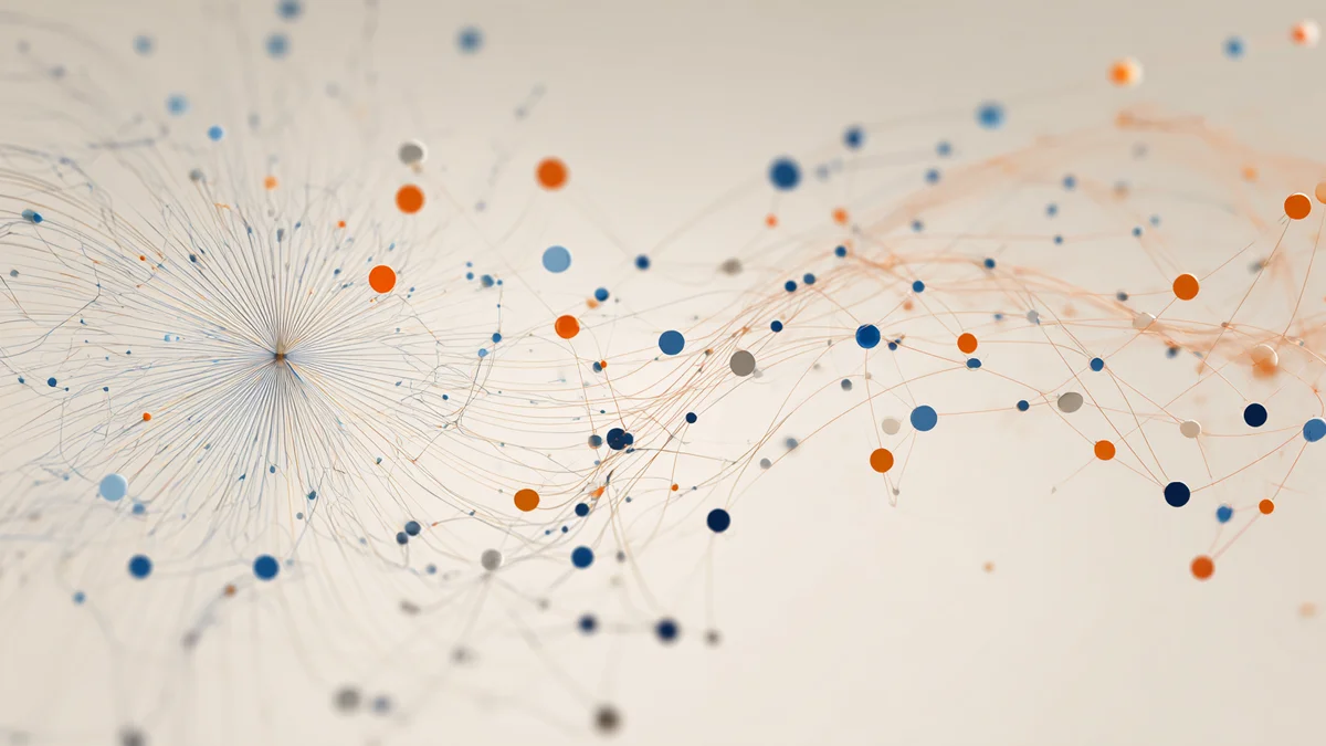 Stylized illustration of interconnected nodes and data pathways forming a network hub with radiating connections in blue and